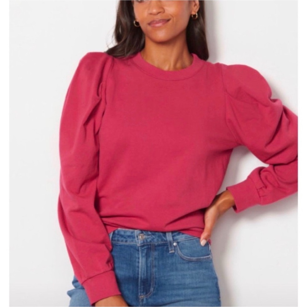 Z Supply Bold Pink Puff Sleeve Crew Neck Sweatshirt